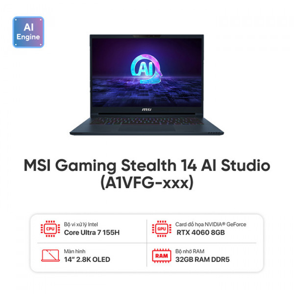 TNC Store Laptop Gaming MSI Stealth 14 AI Studio A1VFG Core Ultra 7 155H