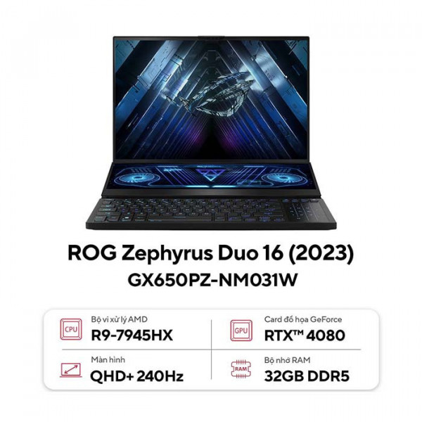 Laptop Asus ROG Zephyrus GX650PZ-NM031W Ryzen 9-7945HS/ 32G5/ 1TB/ RTX 4080 12GB/ 16 inch QHD+ 240Hz/ Win 11/ Đen