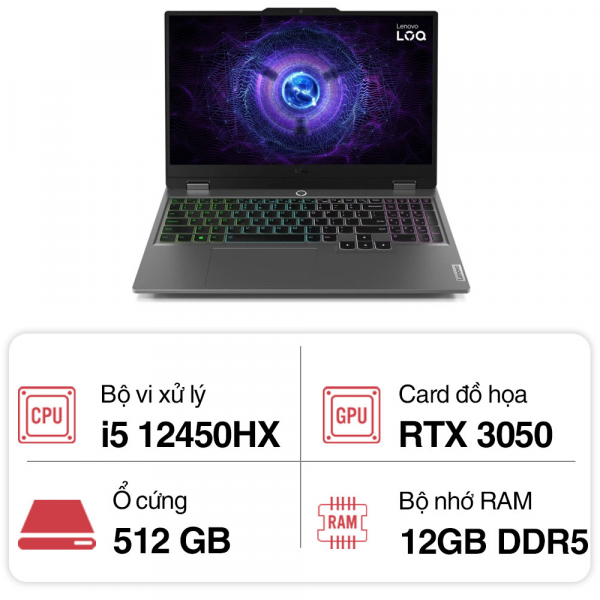 Laptop Gaming Lenovo LOQ 15IRX9 83GS001RVN Core i5-12450HX/ 12GB/ 512GB SSD/ RTX 3050 6Gb/ 15.6 inch FHD 144Hz/ Win11/ Luna Grey