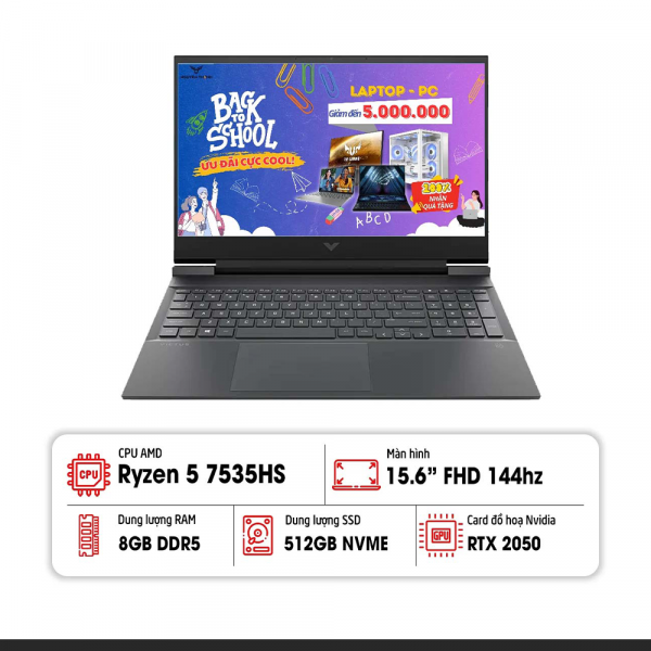 Laptop Gaming HP Victus 15-fb1013dx Ryzen 5 7535HS/ 8GB RAM/ 512GB/ RTX2050 4GB /15.6 inch FHD/ Win11/ Xám Đen/ NK