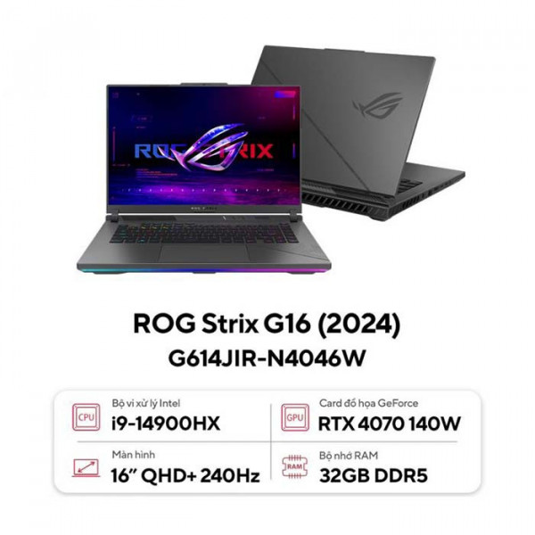 Laptop Gaming Asus ROG Strix G16 G614JIR-N4046W Core i9-14900HX/ 32GD5/ 1TB/ RTX4070 8GB/ 16 Inch QHD+ 240Hz/ Win 11/ Xám