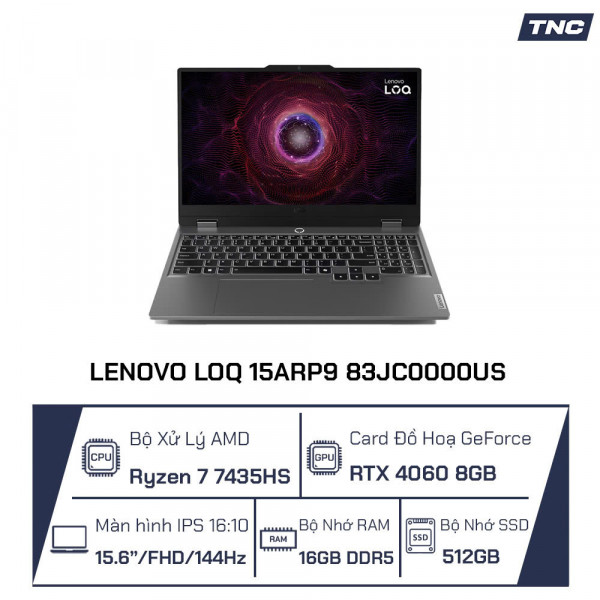 Laptop Lenovo LOQ 15ARP9 AMD R7-7435HS/ 16GB/ 512GB/ RTX4060/ 15.6 inch FHD/ Win 11/ Grey/ NK_83JC0000US