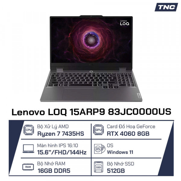 Laptop Lenovo LOQ 15ARP9 AMD R7-7435HS/ 16GB/ 512GB/ RTX4060/ 15.6 inch FHD/ Win 11/ Grey/ NK_83JC0000US