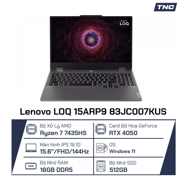 Laptop Lenovo LOQ 15ARP9 AMD R7-7435HS/ 16GB/ 512GB/ RTX 4050/ 15.6 inch FHD/ Win 11/ Grey/ NK_83JC007KUS