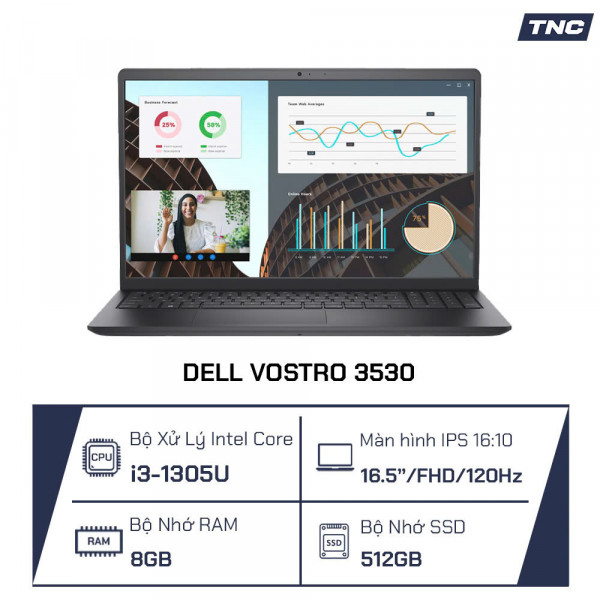 Laptop Dell Vostro 3530 Core i3-1305U/ 512GB SSD/ 8GB RAM/ 15.6 Inch FHD/ Màu Đen/ Nhập Khẩu